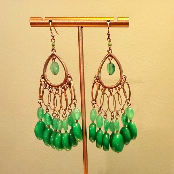 Vintage Y2K J. Crew Gold Emerald Green 3” Drop Chandelier Earrings - Picture 6 of 8